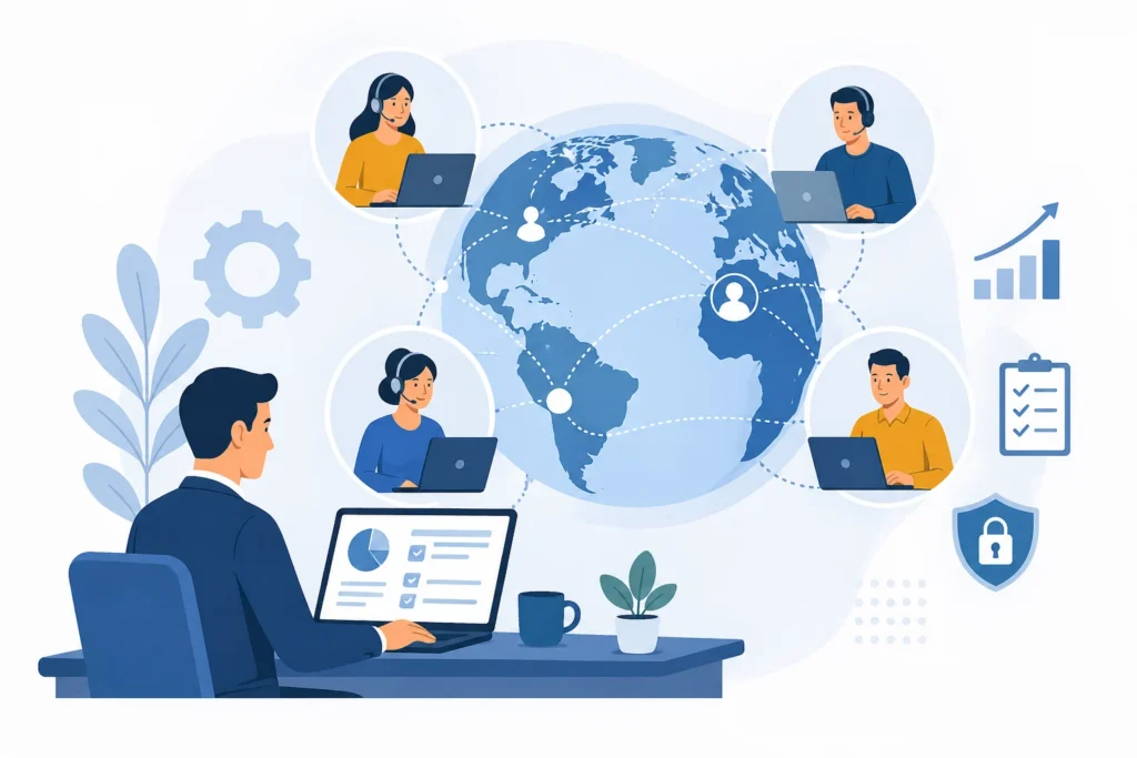 Business process outsourcing team collaborating in a modern office workspace