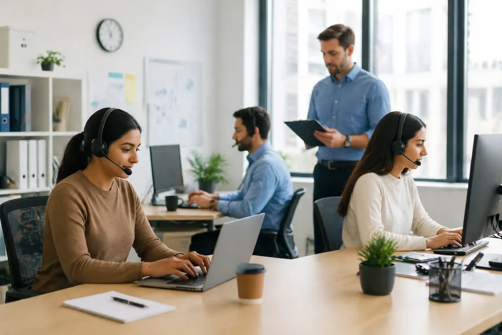 Business process outsourcing team collaborating in a modern office workspace