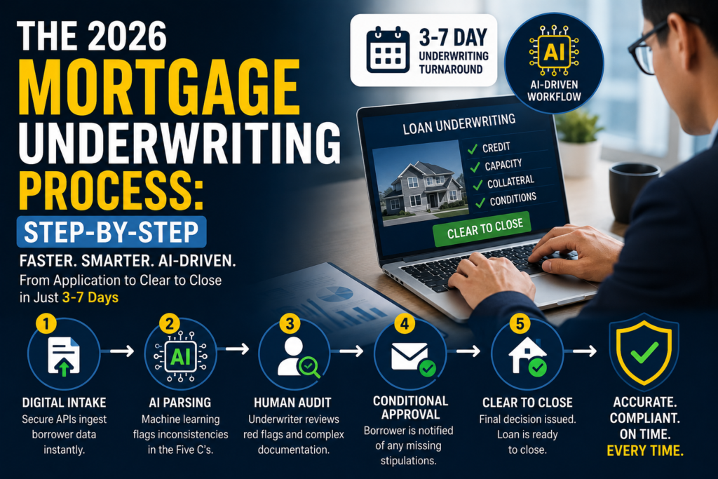 Step-by-step mortgage underwriting process infographic showing AI verification human audit conditional approval and clear to close stages