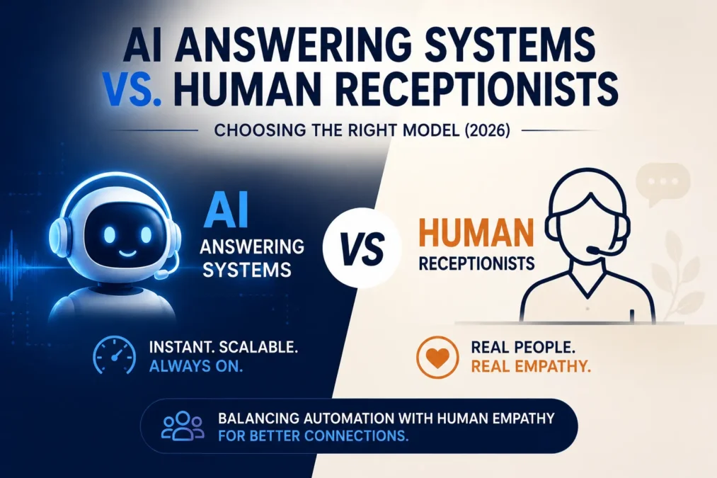 AI answering systems vs human receptionists comparison showing AI virtual receptionist automation and human customer support experience