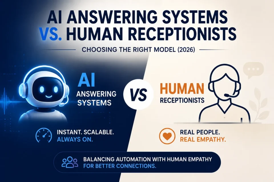 AI answering systems vs human receptionists comparison showing AI virtual receptionist automation and human customer support experience
