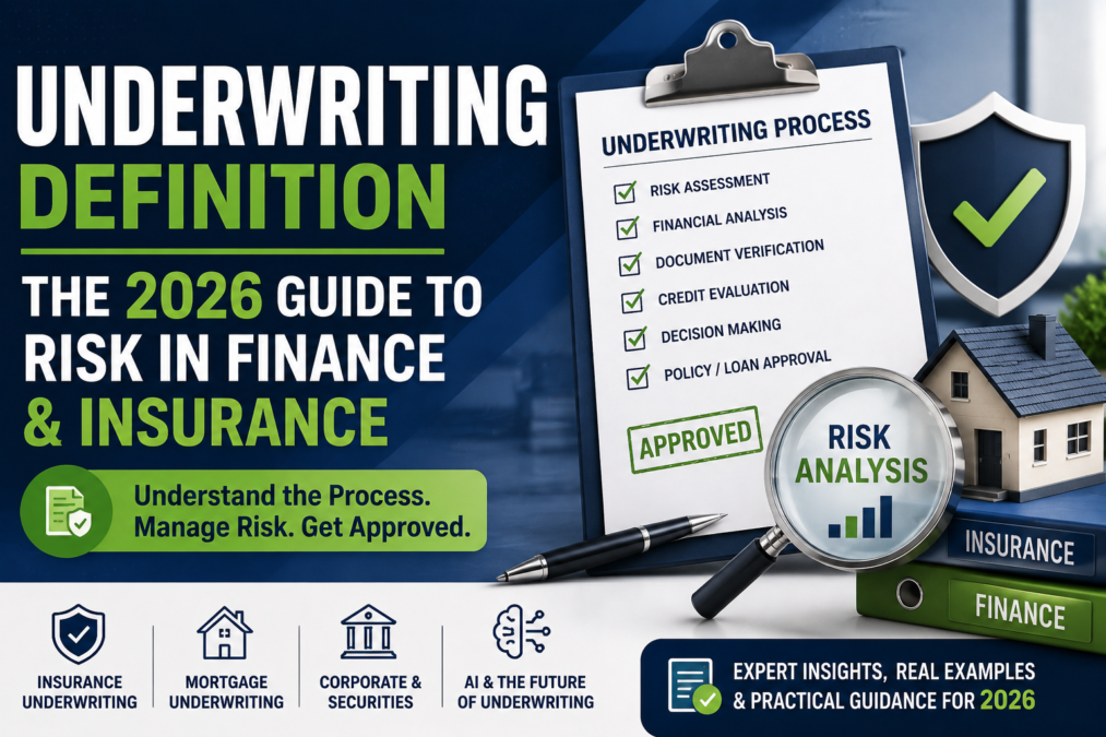 Underwriting definition infographic showing finance insurance mortgage and risk assessment process for 2026.