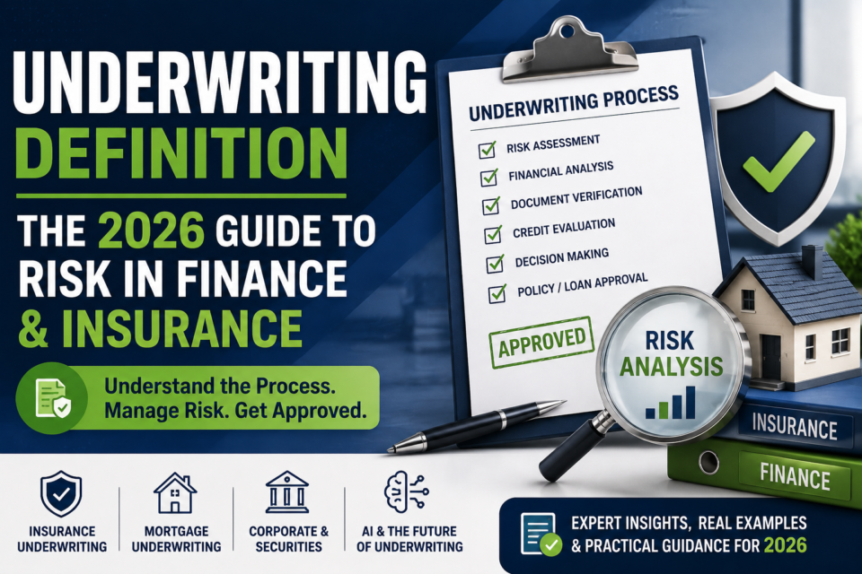 Underwriting definition infographic showing finance insurance mortgage and risk assessment process for 2026.