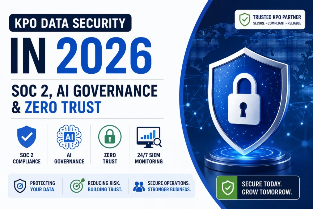 Data Security and Compliance in KPO showing SOC 2 AI governance Zero Trust SIEM monitoring and enterprise cybersecurity infrastructure.