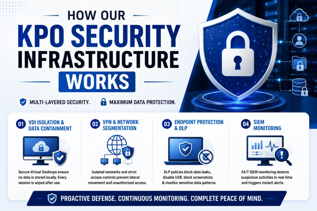 How Our KPO Security Infrastructure Works with VDI isolation VPN segmentation endpoint protection DLP and SIEM monitoring for secure KPO operations.