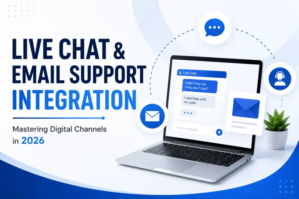 Modern live chat and email support integration thumbnail showing a laptop with digital chat interface email icons and customer support symbols on a clean blue and white corporate background.