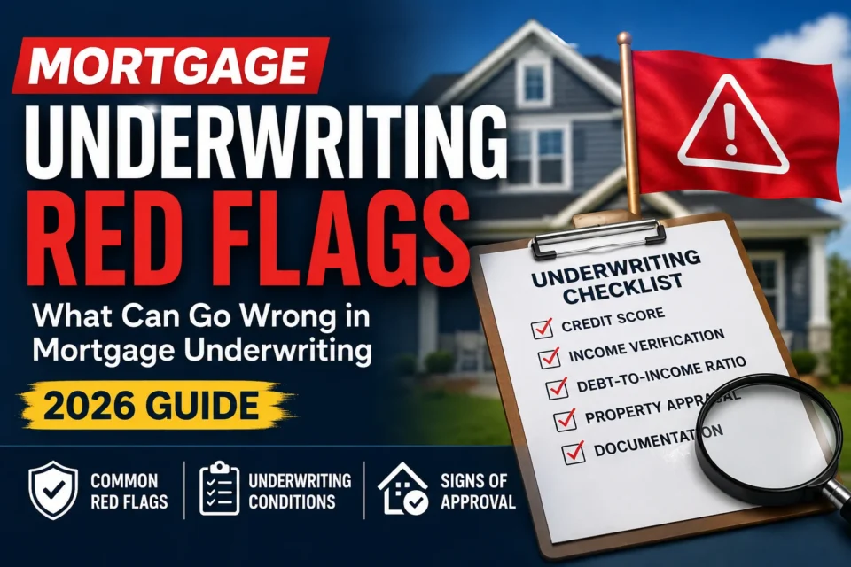 Mortgage underwriting red flags infographic showing warning signs that can delay or deny a home loan in 2026 including debt, appraisal, and documentation issues.