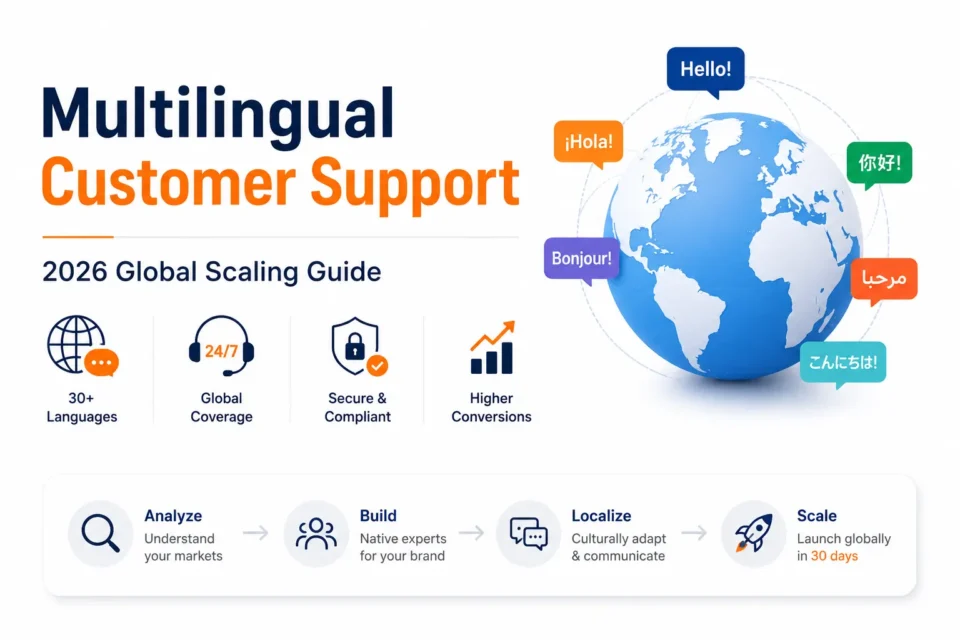 Multilingual customer support infographic showing global customer service, native language support, AI-powered localization, worldwide communication, and international business scaling strategy for 2026.
