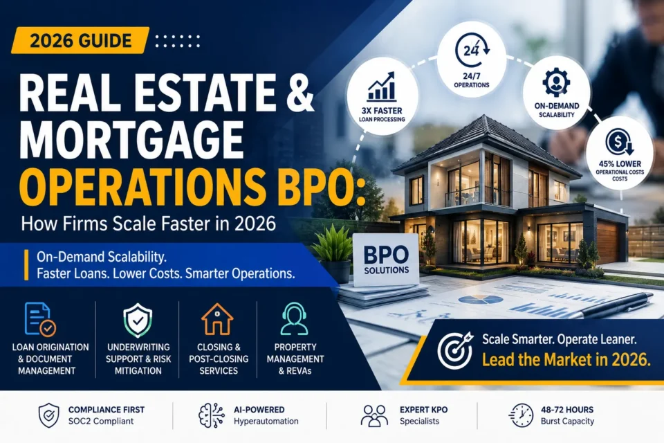 Real estate and mortgage operations BPO services banner showing mortgage fulfillment lifecycle underwriting support loan processing and scalable outsourcing solutions in 2026.