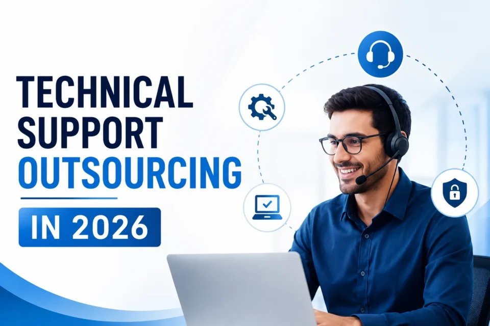 Clean modern thumbnail showing a technical support professional with headset using a laptop alongside the text “Technical Support Outsourcing in 2026” in a blue corporate design style.