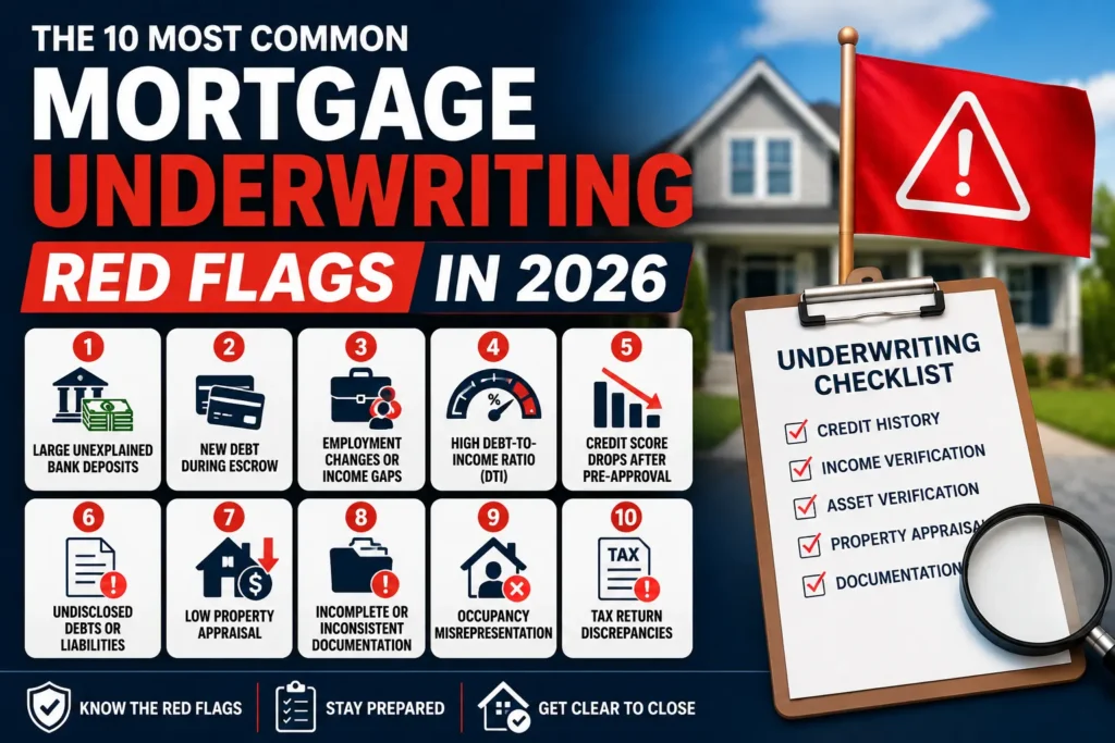 Infographic showing the 10 most common mortgage underwriting red flags in 2026 including debt-to-income ratio issues, appraisal problems, employment gaps, and credit score drops.