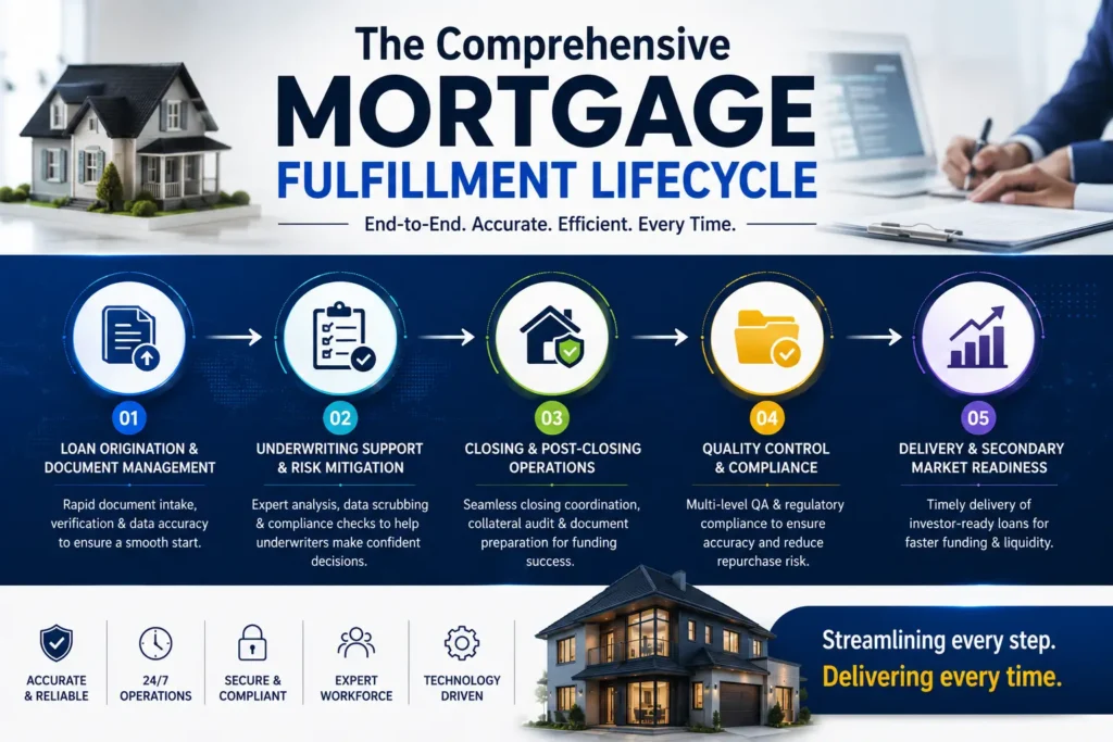 Comprehensive mortgage fulfillment lifecycle infographic showing loan origination underwriting support closing post-closing compliance and delivery operations for mortgage lenders in 2026.
