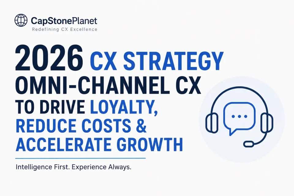 Minimal corporate thumbnail featuring 2026 CX Strategy text with omni-channel customer support concept and headset support icon for business growth branding.