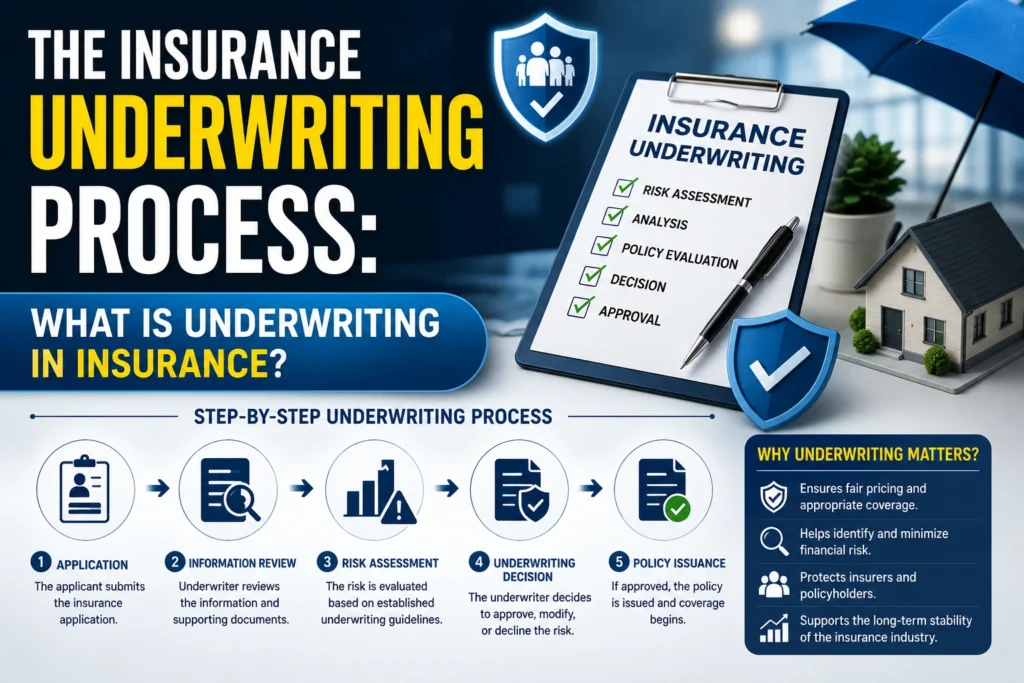 Insurance underwriting process infographic showing risk assessment policy review underwriting approval and insurance evaluation.