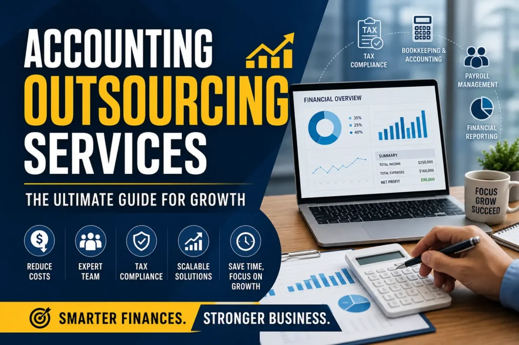 Accounting outsourcing services guide for business growth showing financial reporting, bookkeeping and cost saving benefits