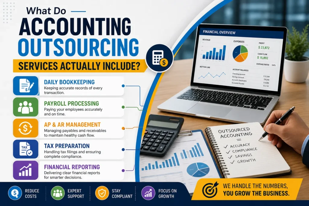 What accounting outsourcing services include such as bookkeeping payroll processing tax preparation and financial reporting