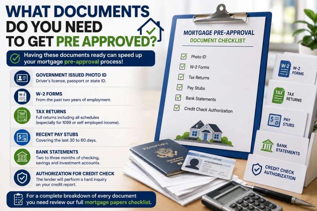 Mortgage pre approval letter document checklist with tax returns W-2 forms bank statements and pay stubs.