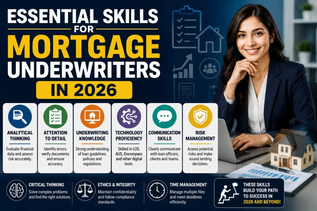Essential skills required to become a successful mortgage underwriter in 2026 including analytical thinking communication risk management and underwriting technology proficiency