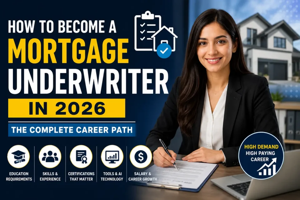 Professional mortgage underwriter career path thumbnail showing education certifications salary growth and underwriting skills in 2026