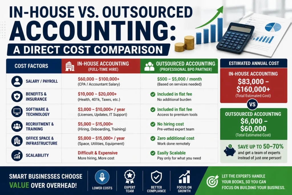 In house vs outsourced accounting cost comparison showing salary expenses scalability and business savings benefits