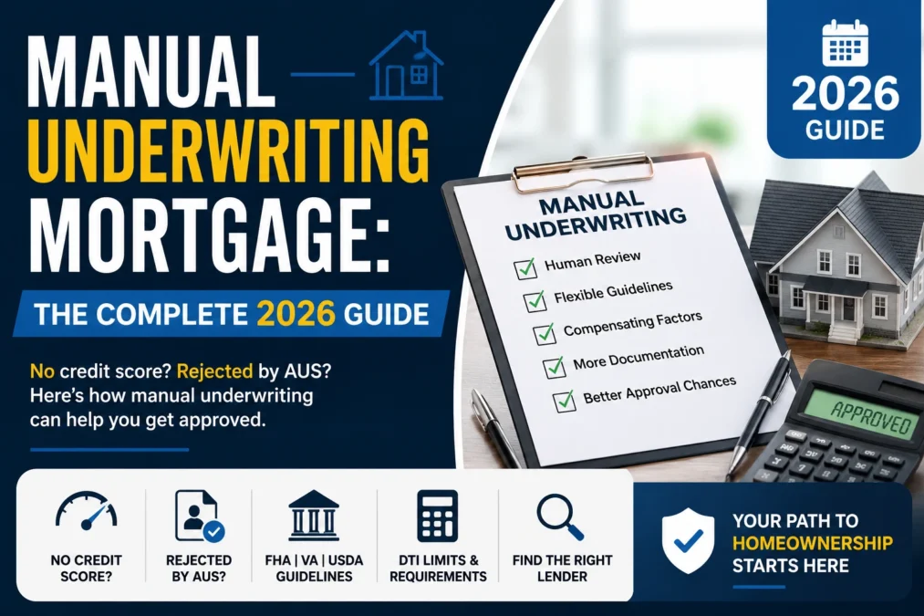 Manual underwriting mortgage guide 2026 with FHA VA USDA loan approval checklist and mortgage underwriting process illustration