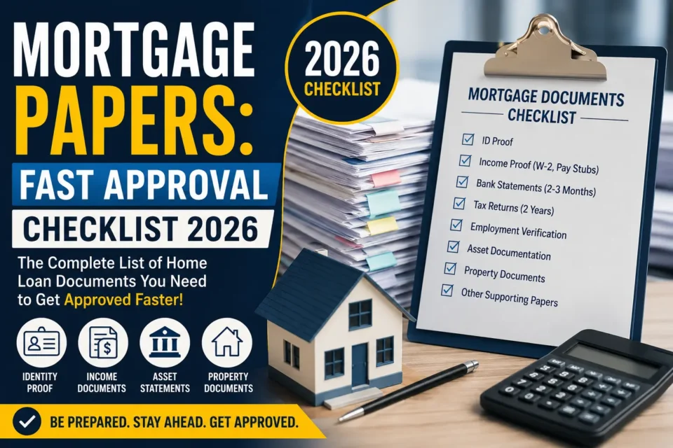 Mortgage documents checklist showing required home loan papers income verification bank statements and underwriting approval documents