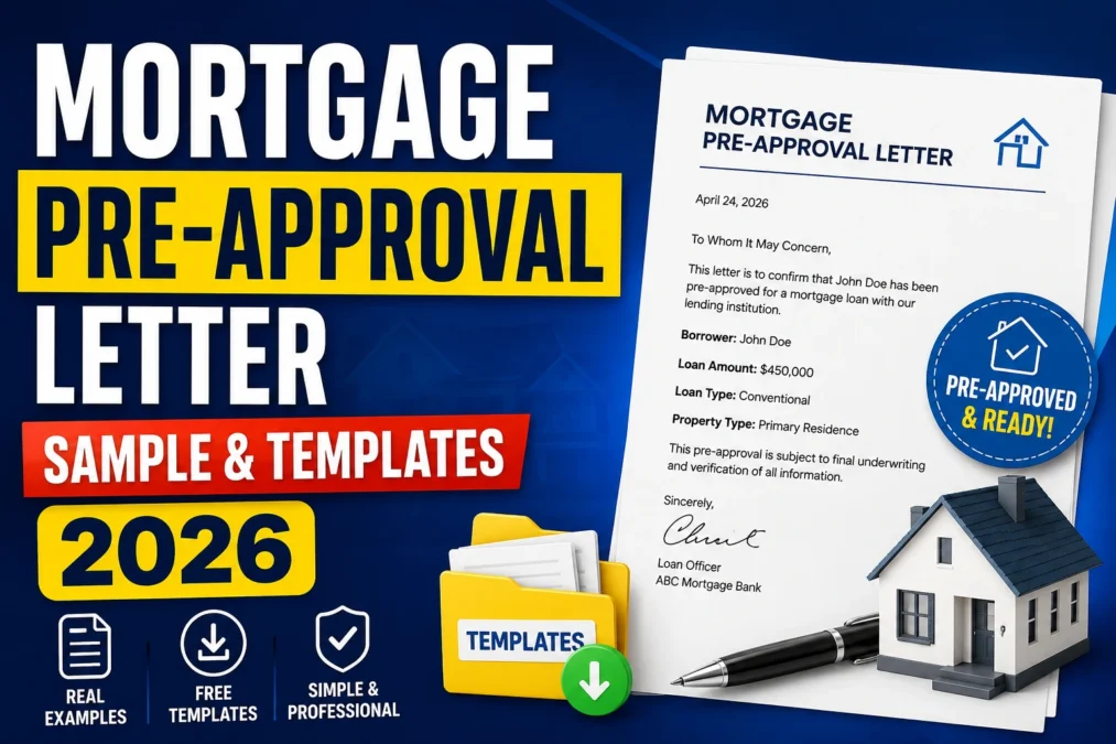 Mortgage pre approval letter sample template with lender approval document and home loan paperwork.