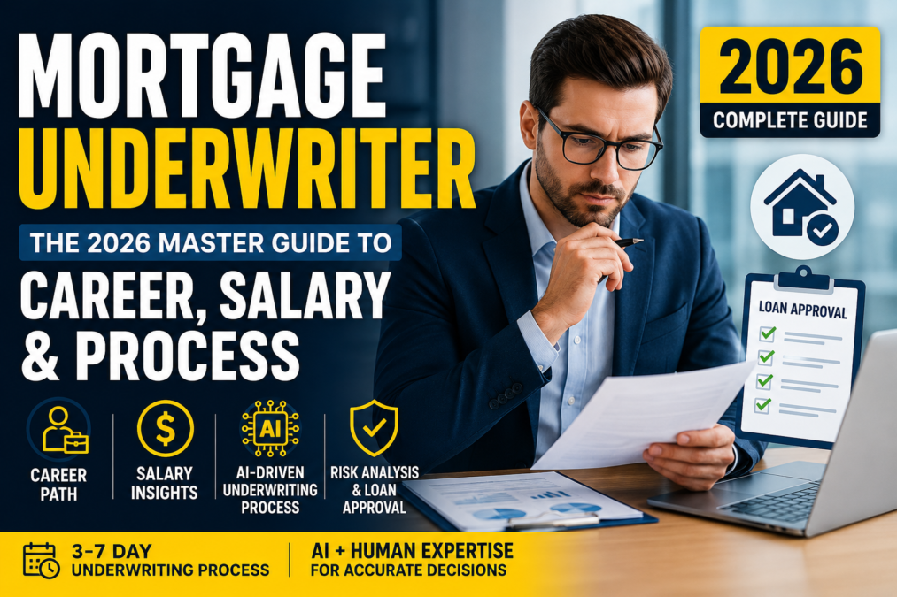 Mortgage underwriter reviewing loan approval documents with AI-driven underwriting workflow and salary insights in 2026
