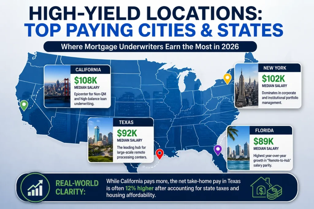 mortgage underwriter salary by state showing top paying cities like california new york texas and florida