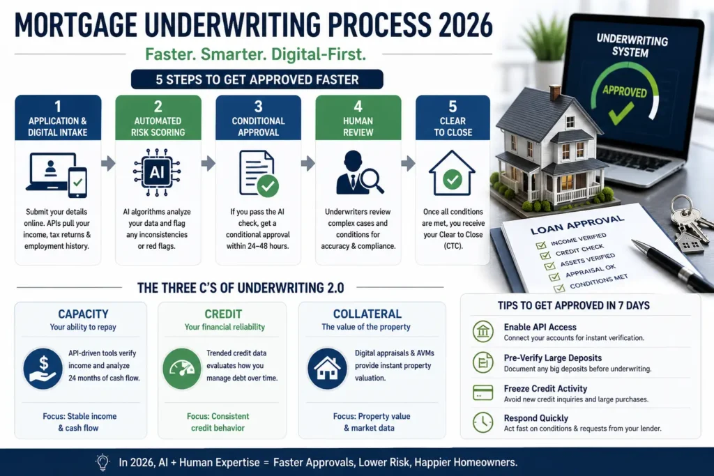 mortgage underwriting process steps 2026 infographic 5 steps approval capacity credit collateral ai underwriting system