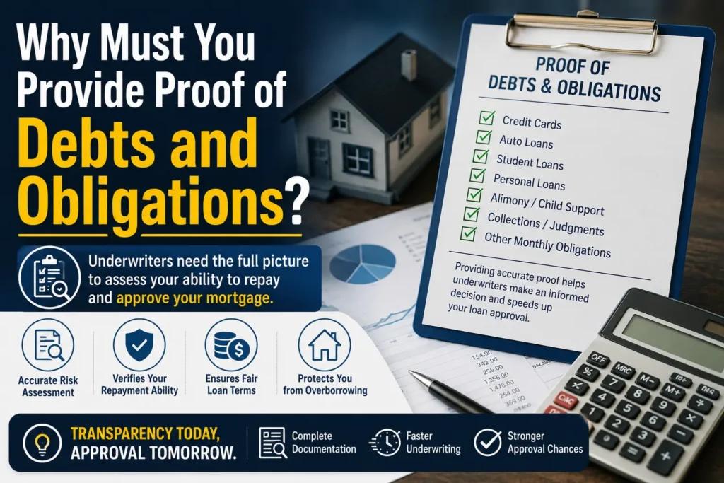 Mortgage underwriting infographic showing proof of debts obligations credit cards loans and financial liabilities verification process