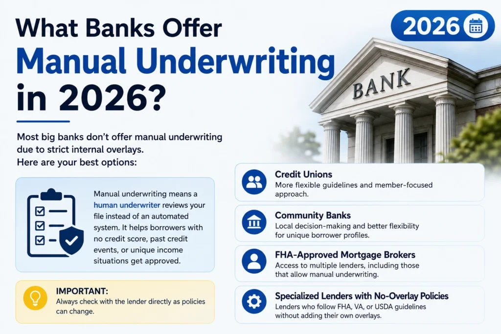 Banks and lenders offering manual underwriting mortgages in 2026 including credit unions community banks and FHA-approved lenders