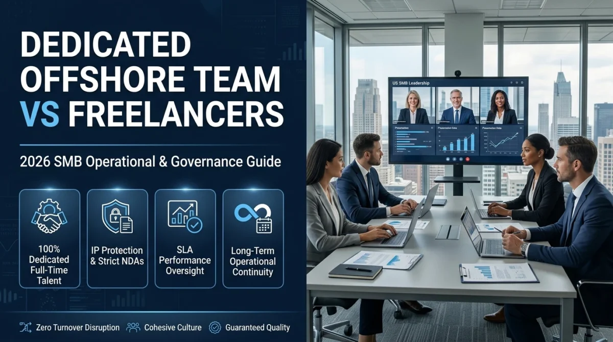 Dedicated offshore full-time team vs freelance marketplaces operational comparison for SMBs, highlighting IP protection, SLA accountability, and culture alignment