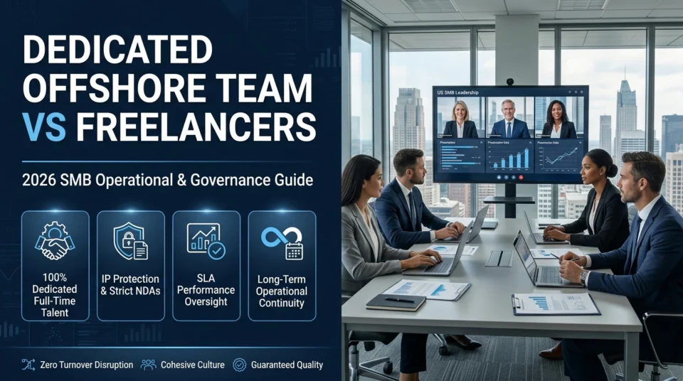 Dedicated offshore full-time team vs freelance marketplaces operational comparison for SMBs, highlighting IP protection, SLA accountability, and culture alignment