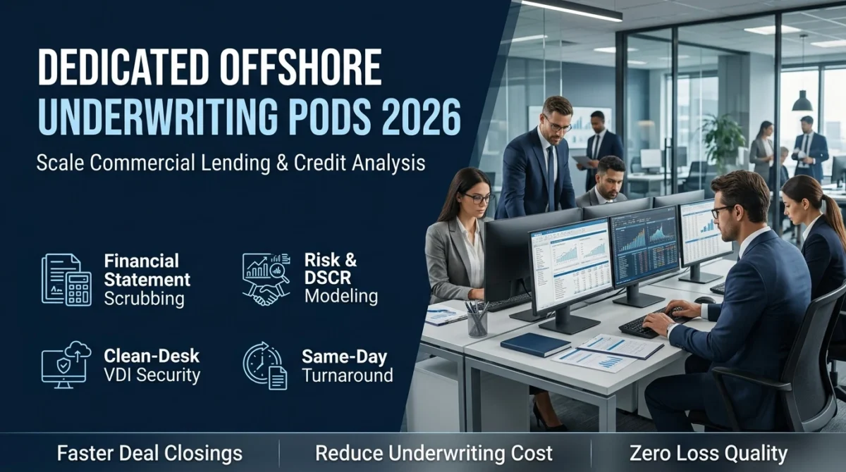 Dedicated offshore commercial underwriting pods and financial analysts analyzing loan files, bank statements, and DSCR risk models in secure VDI clean-desk facility