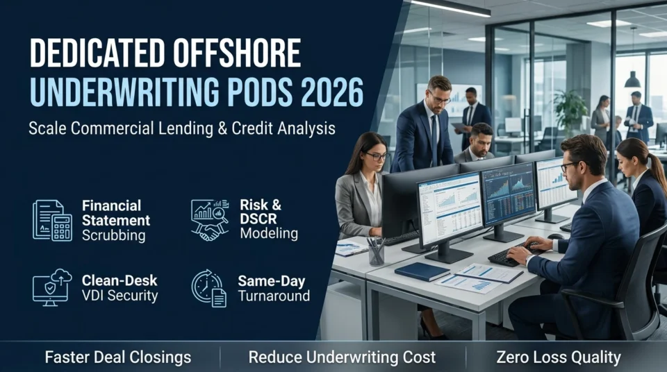 Dedicated offshore commercial underwriting pods and financial analysts analyzing loan files, bank statements, and DSCR risk models in secure VDI clean-desk facility