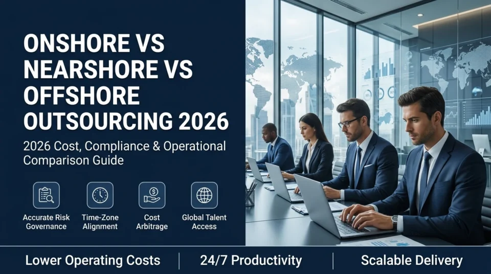 Onshore vs nearshore vs offshore outsourcing 2026 cost comparison, labor arbitrage, time-zone alignment, and operational governance guide