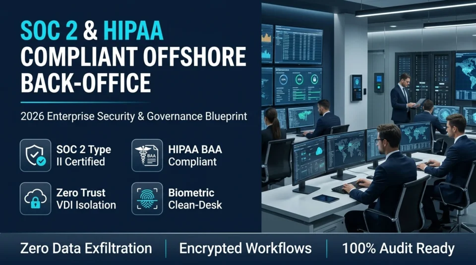 SOC 2 Type II and HIPAA compliant dedicated offshore back-office operations center with zero trust network architecture and biometric clean-desk controls
