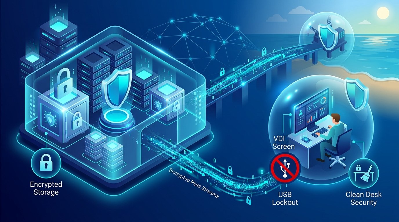 Virtual Desktop Infrastructure VDI and Zero Trust data flow architecture for dedicated offshore teams